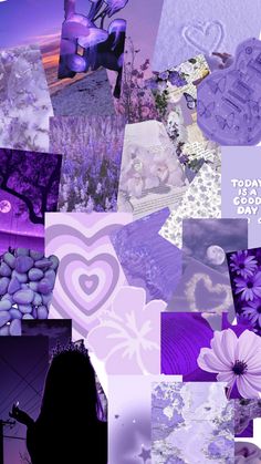 a collage of purple and white images with hearts, flowers, and words on them