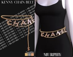 a mannequin wearing a chain belt with the name chanel written on it