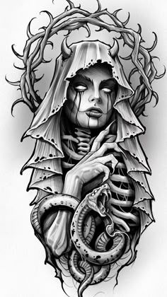 a black and white drawing of a woman in a hoodie holding a snake on her chest