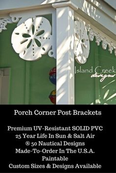 the porch corner post bracket is shown in white and has an ornate design on it