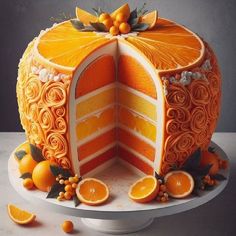 an orange cake with slices cut out and decorated in swirls on a white plate