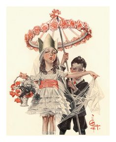 a painting of two children holding an umbrella with roses on it and flowers in the background