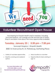 an advertisement for volunteer recruitment open house with two speech bubbles hanging from clothes pegs