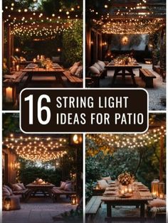 an outdoor dining area with string lights and patio furniture