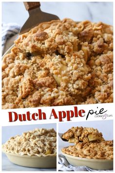 dutch apple pie with crumbled toppings on top and in the bottom photo