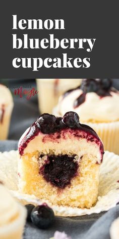 lemon blueberry cupcakes with white frosting and fresh blueberries on top