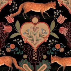 a painting of two foxes and flowers on a black background