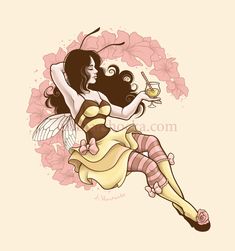 a woman dressed as a bee holding a wine glass in one hand and flying through the air