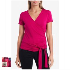 This Tie Front Blouse Is Fun And Flirty, Leaving You Feeling Fabulous V-Neckline Short Cap Sleeves Wrap Style Style#: 9150665 Color: Casbah Pink 96% Viscose, 4% Elastane Lay Flat Measurements: L: 20.5” B: 17.5” W: 12.5” New With Tags. Size Xxs Sku: 85, 4897 Fitted Solid Color Wrap Top, Casual V-neck Stretch Wrap Top, Casual Stretch V-neck Wrap Top, Casual Solid Wrap Top, Fitted V-neck Wrap Top In Solid Color, Casual Wrap Top For Day Out, Spring Stretch Faux Wrap Tops, Fitted Versatile Wrap Top For Spring, Versatile Fitted Wrap Top For Spring