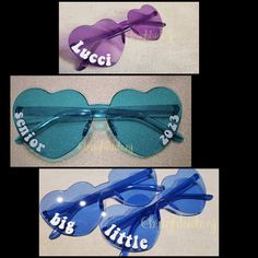 three pictures of blue heart shaped sunglasses with the words'big little'written on them