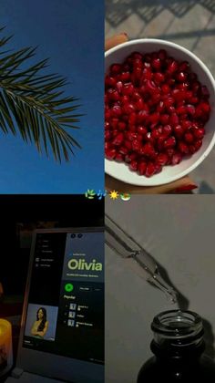 four different pictures with candles and palm tree in the middle one has red berries on it