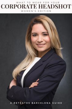 a woman in a business suit with her arms crossed and the words corporate headshot written on