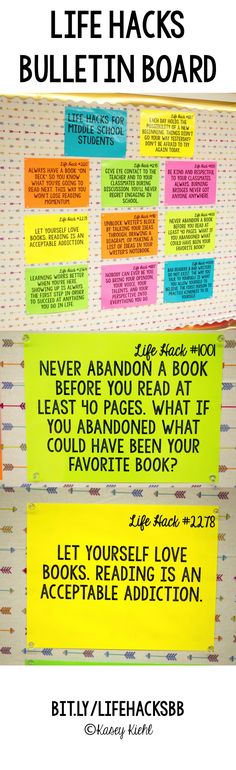 a bulletin board with colorful notes on it and the words life hacks bulletin boards