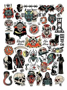 an assortment of tattoos with skulls and demon heads on the back of each tattoo sticker