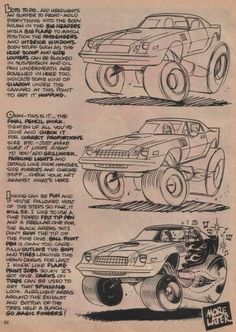 an old newspaper article with three different cars in the same drawing style, one is black and white