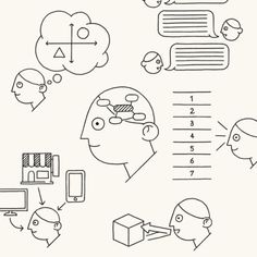 a line drawing of people talking to each other with speech bubbles above their heads and one man's head in the middle