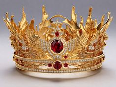 creates a 24 carat gold crown with fire details and a 2 Profile Circle, Phoenix Crown, Fire Crown, Orange Crown, Male Crown, Royal Tiaras, Fantasy City