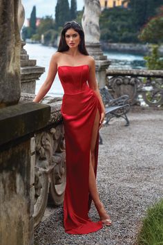 This glamorous sophisticated gown by Alyce Paris is made just for you! 61489, is from Spring 2024 Collection and is a timeless gown. The strapless scoop neckline, corset top and zipper back with ruching. The fitted rich satin skirt is completed with a sexy side slit. Red Gala Dresses, Lakecomo Italy, Prom Slay, Colour Names List, Corset Gown, Luxurious Dresses, Prom Dresses Long Mermaid, Paris Style, Alyce Paris