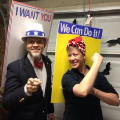 two people dressed up in costumes and holding signs that say we can do it, i want you