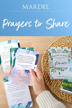 a person holding up some pamphlets on top of a table with the words prayer to share