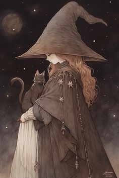 a painting of a woman with a cat on her shoulder wearing a witch's hat