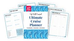 the ultimate cruise planner is shown in three different colors and sizes, including blue waves