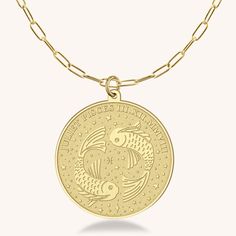 Pisces, you appreciate accessories that tell a story and often with a nostalgic or whimsical feel. The Pisces Medallion by Genevieve Gorder not only brings attention your personal story but also adds a touch of complexity to your dreamy aesthetic! Personalize this medallion with your name and birthday in roman numerals, a phrase, two names, or no personalization at all. You may even personalize this piece with your astrological archetypes: Poet * Shapeshifter * Dreamer Symbolic Zodiac Sign Jewelry, Symbolic Zodiac Sign Collectible Jewelry, Round Zodiac Sign Jewelry Collectible, Collectible Round Zodiac Sign Jewelry, Symbolic Zodiac Sign Medallion Necklace, Vintage Yellow Gold Zodiac Sign Jewelry, Vintage Yellow Gold Zodiac Jewelry, Vintage Zodiac Sign Yellow Gold Jewelry, Vintage Round Zodiac Sign Jewelry