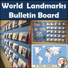 world landmarks bulletin board with pictures on it