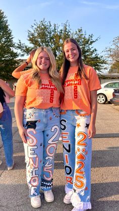 #seniors Senior Ring Ceremony Outfits, Senior Jeans Orange And Black, Senior Jeans Vinyl, Senior Hoco Jeans Ideas, Senior Jeans Inspo 2025, Spirit Day Ideas Outfits, Painted Spirit Jeans, Senior Overalls 2025, Senior Shirt Ideas 2025 Trendy