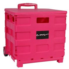 a large pink storage box with wheels