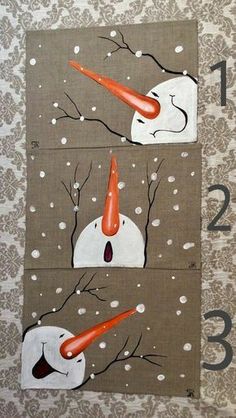 three paintings of snowmen with carrots in their mouths and numbers on the wall