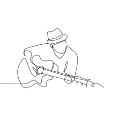 a continuous line drawing of a man playing the guitar with a hat on his head