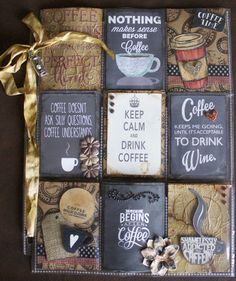 a collage of coffee themed coasters with gold ribbon