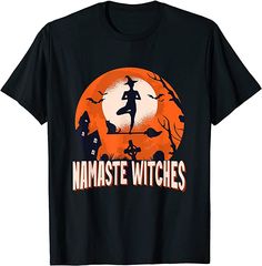 Halloween Namaste Witches Yoga T Shirt Shipping from the US. Easy 30 day return policy, 100% cotton, Double-needle neck, sleeves and hem; Roomy Unisex Fit. Witch Yoga, Yoga Halloween, Witch Silhouette, Witches Halloween, Spooky Witch, Funny Yoga, Witch Gift, Elk Hunting, Halloween Men