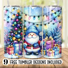 three christmas themed tumblers with santa claus and presents in front of a tree decorated with lights