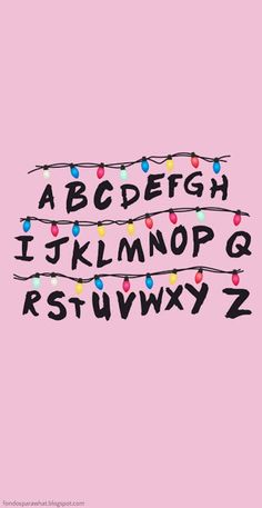 the letters and numbers are decorated with christmas lights on pink paper, which reads abcdegh it's lymop q