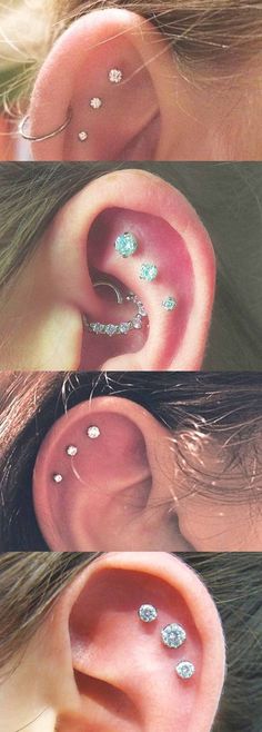 three different views of an ear with piercings