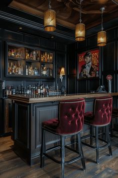 a bar with red velvet chairs and wooden floors