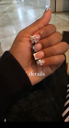 White Junk Nails Short, Short Gems Nails, Short Junk Nail Designs Square, Cute Nail Ideas Black Women, Short Nail Sets Black Women, Silver Junk Nails, Dope Nail Designs Classy Short Acrylic, Short Charm Nails, Short Acrylic Nails With Charms