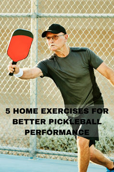 an older man holding a tennis racquet on top of a tennis court with the words, 5 home exercises for better pick ball performance