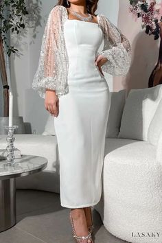 Lasaky - Elegant Beaded Square Neckline Evening Dress with Celebrity Style White Cocktail Dress Classy, Gala Attire, Beaded Square, Beaded Evening Gowns, Evening Dresses With Sleeves, White Cocktail Dress, Formal Cocktail Dress, Dress Sleeve Styles, Perfect Prom Dress