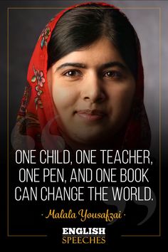 a woman with a red headscarf on her head and the words one child, one teacher, one pen, and one book can change the world