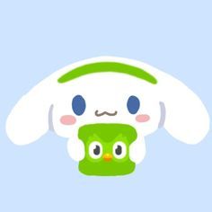 a green and white animal with big eyes on it's head, sitting in front of a blue background