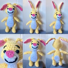 crocheted stuffed animals made to look like cartoon characters are shown in four different poses