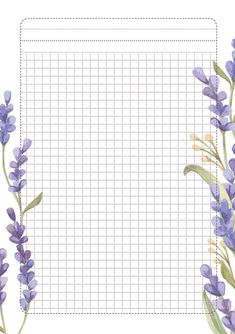 a sheet of paper with purple flowers on the side and a grid in the middle