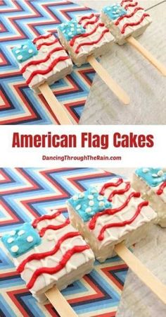 an american flag cake popsicle is shown on top of a blue and red table cloth