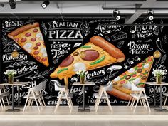 a restaurant wall mural with pizzas and other toppings on the chalkboard background