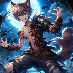 an anime character is standing in front of a full moon with his arms out and eyes open