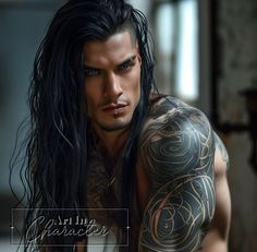 a man with long black hair and tattoos on his arm is looking at the camera