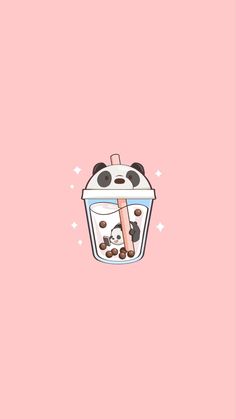 a panda bear in a food container with chocolates on the bottom and pink background